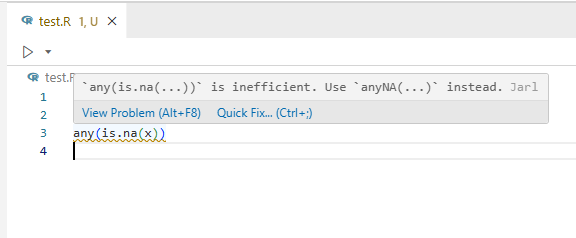 R script with `any(is.na(x))` underlined in yellow, indicating a rule violation. A popup shows Jarl message.