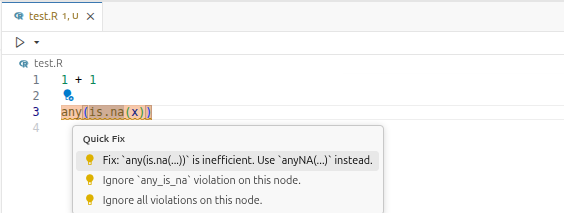 After clicking on the lightbulb, a popup appears with a button to automatically apply the fix.