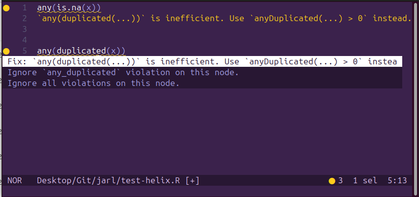 The same R script as before, but this time there is a list of three actions next to the highlighted piece of code: apply fix, ignore this rule, and ignore all rules.