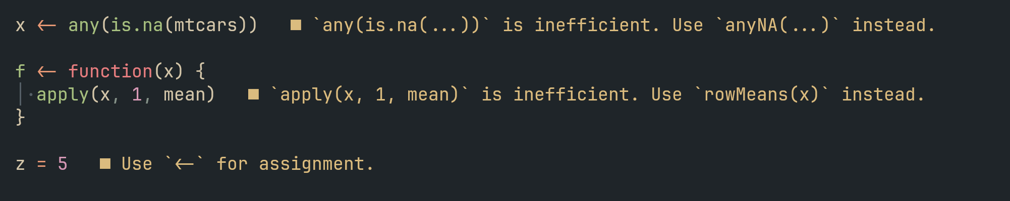 R script with multiple errors showing in-line indicating a rule violation.